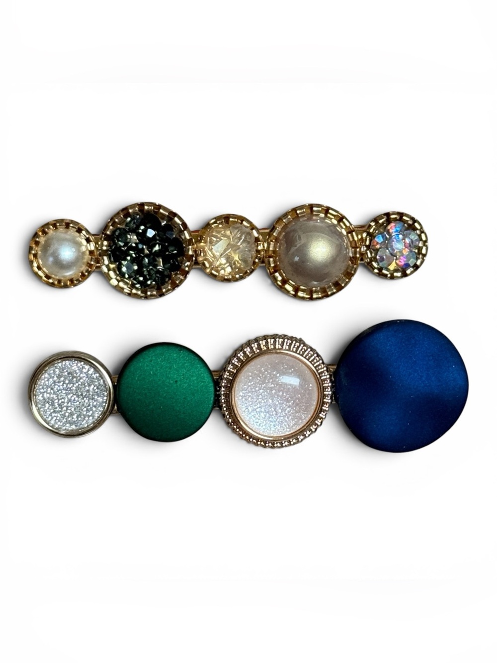 2 vintage-inspired Geometric Multi-circle Fashion Hair Barrettes Blue Gold Green